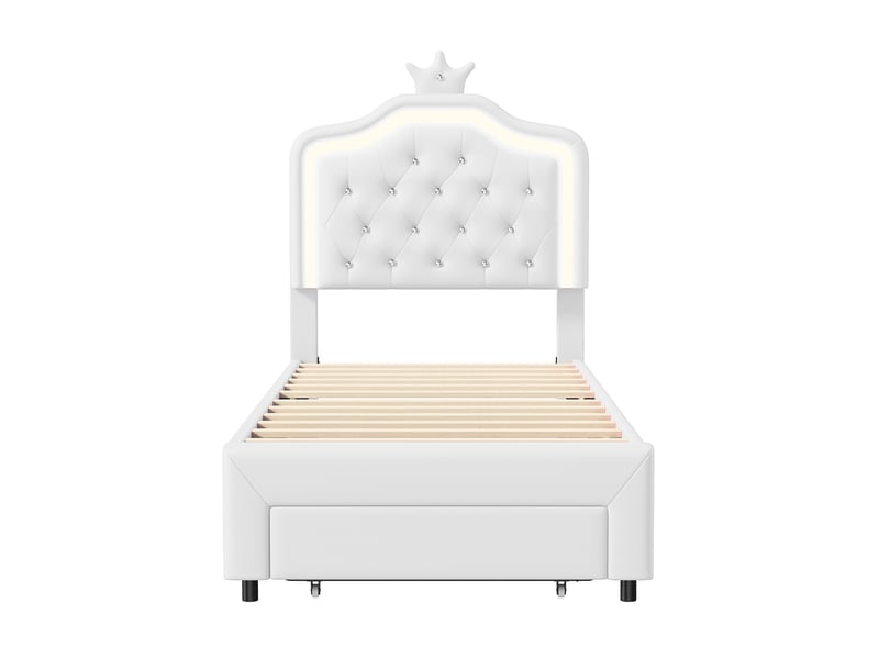  Lit enfant 90x200, lit simple princesse avec tiroir de rangement, tête de lit lumineuse led, capitonnage cristaux et sommier, blanc  - Conforama A