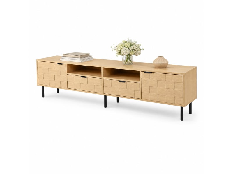  Meuble tv avec 2 portes, 2 tiroirs et 2 niches ouvertes, décor bois texturé, pour salon, 200×35×44,5 cm, naturel  - Conforama A