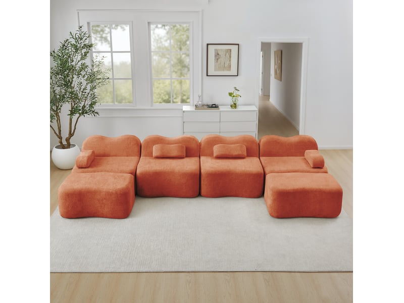 Canapé modulable en u ulevr 4 places avec 2 poufs, velours orange, mousse haute densité 32d, 384 x 167 x 70 cm - Conforama E