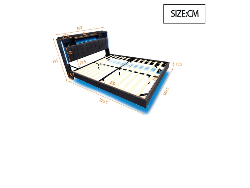  Lit double 160 × 200 cm en lin gris, tête de lit avec rangement, led, usb et effet flottant Fay Lum - Conforama C