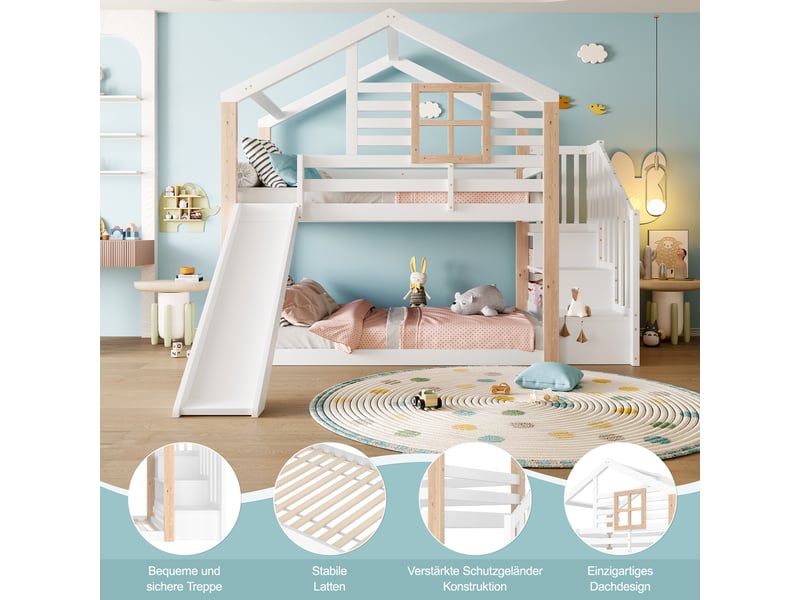  Lit superposé enfant 90x200 en bois massif – toboggan, escalier avec rangements – style scandinave  - Conforama E