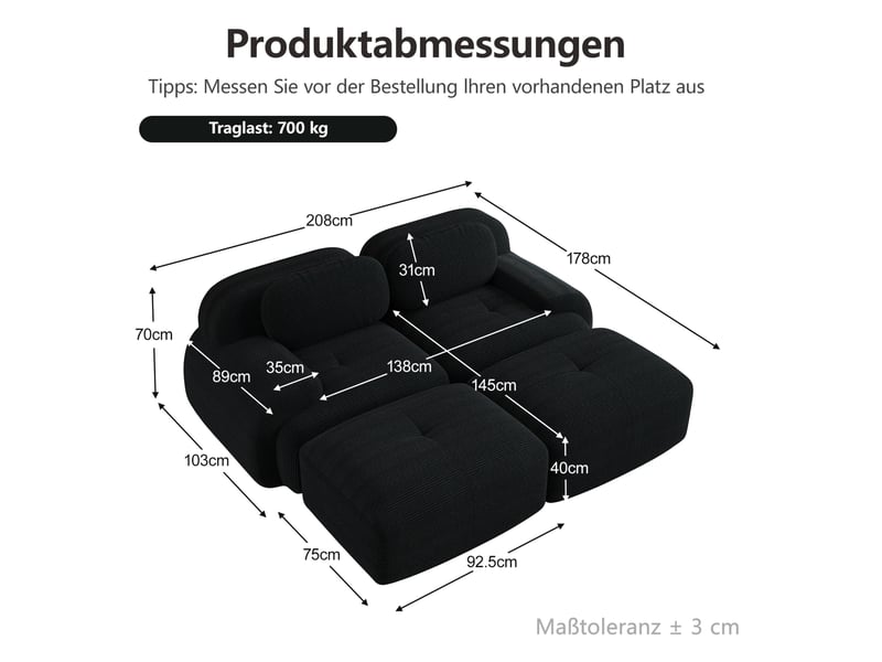  Canapé modulable modenvie 2 places sans cadre en velours côtelé noir 208 x 178 x 70 cm  - Conforama C