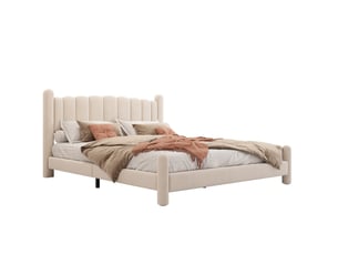 Lit 160x200 cm avec sommier à lattes et tête de lit à motif éventail, pieds cylindriques, beige, sans matelas