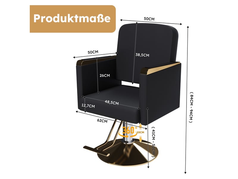  Fauteuil de coiffure hydraulique 62 x 50 x 84-94 cm – réglable à 360° avec base dorée et accoudoirs – cuir - noir et or  - Conforama C