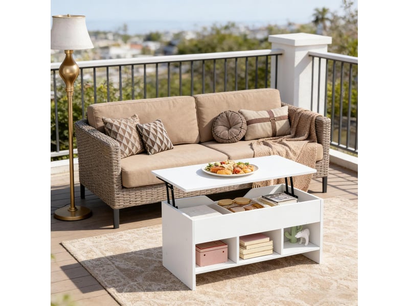  Table basse relevable 96x51x45 cm avec rangement bois métal blanche  - Conforama E