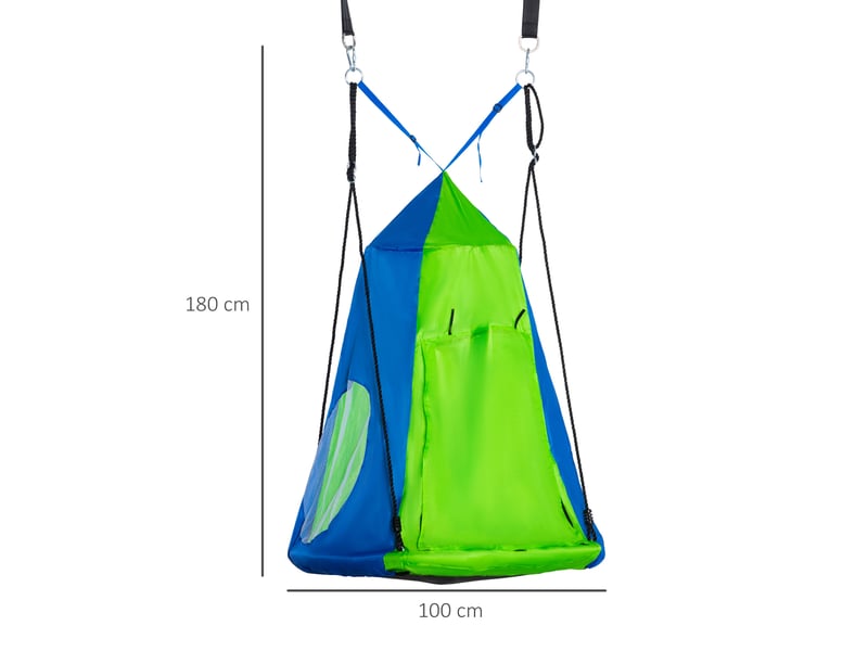  Balançoire nid d'oiseau ronde avec tente amovible ø 100 cm 4 anneaux inclus métal époxy oxford haute densité - vert et bleu  - Conforama C