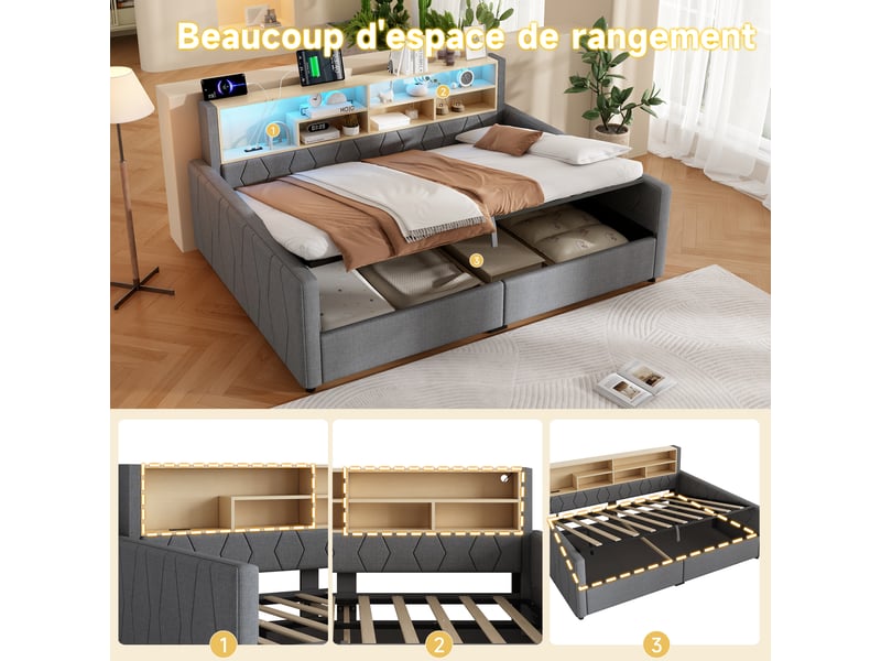  Canapé-lit rembourré 140x200 cm avec led et usb,lit coffre rangement hydraulique,tête de lit de rangement,tissu lin,gris  - Conforama E