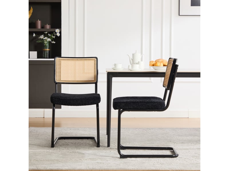 Lot de 2 chaises de salle à manger 47x58x86cm - cushion for kitchen, living room, bedroom - synthetic cane back & chenille seat - metal frame - noir - Conforama E