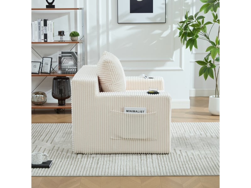  Canapé droit convertible 2 places, en velours côtelé, 2 coussins, porte-gobelet et poches latérales, 151 × 133 × 64 cm, beige YXY-0915-3 - Conforama D