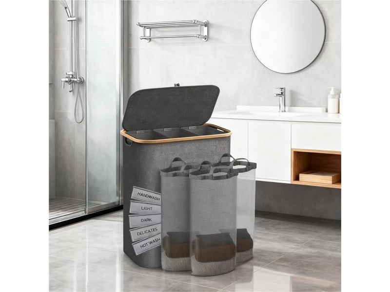  Panier à linge 160 l pliable avec 3 sacs amovibles, trieur de linge 3 compartiments  - Conforama B