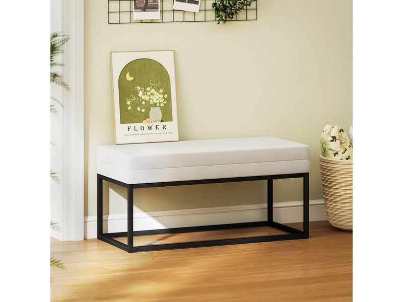 Banc d'entrée moderne en acier, mousse et tissu velouté avec pieds réglables, dimensions 94 x 42 x 44 cm, crème  - Conforama B