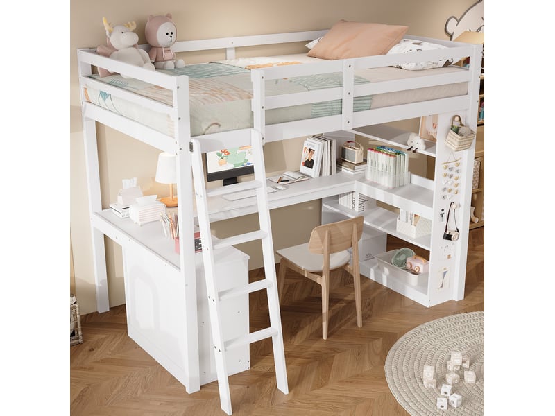  Modenvie lit mezzanine enfant 90x200 cm - avec étagère, tablette d'angle et garde-corps, sans matelas - blanc  - Conforama D