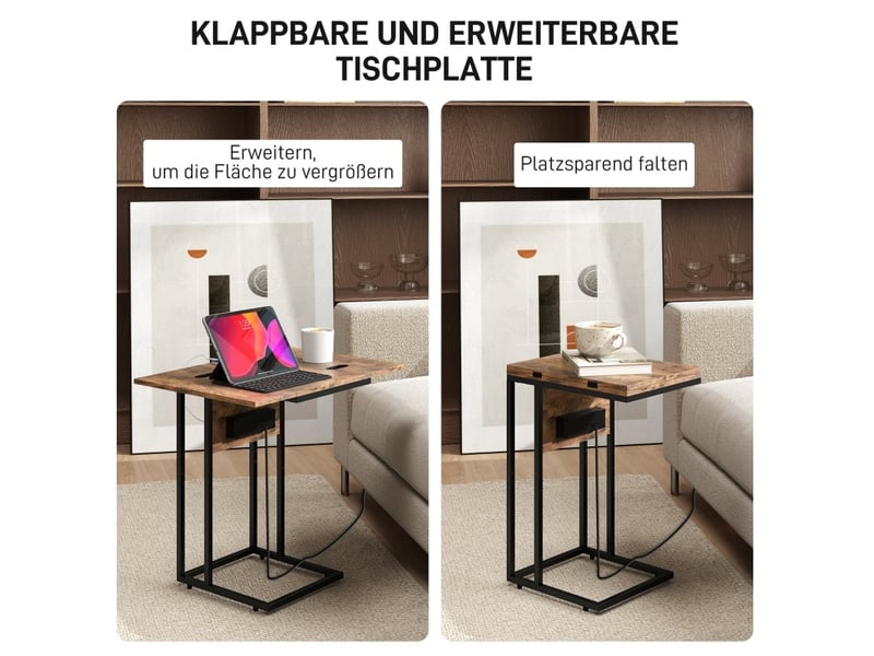  Table d'appoint extensible pliable marron avec station de charge usb, structure métal, idéale près du canapé  - Conforama D
