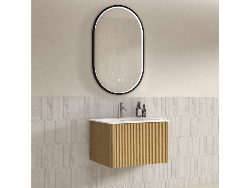  Meuble vasque suspendu 61 cm avec miroir led ovale, un tiroir, coloris chêne  - Conforama D