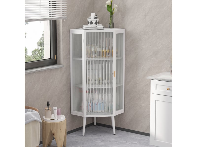  Armoire d’angle 56*42.5*110cm en métal et verre trempé avec porte et étagères blanche chicfurn  - Conforama D