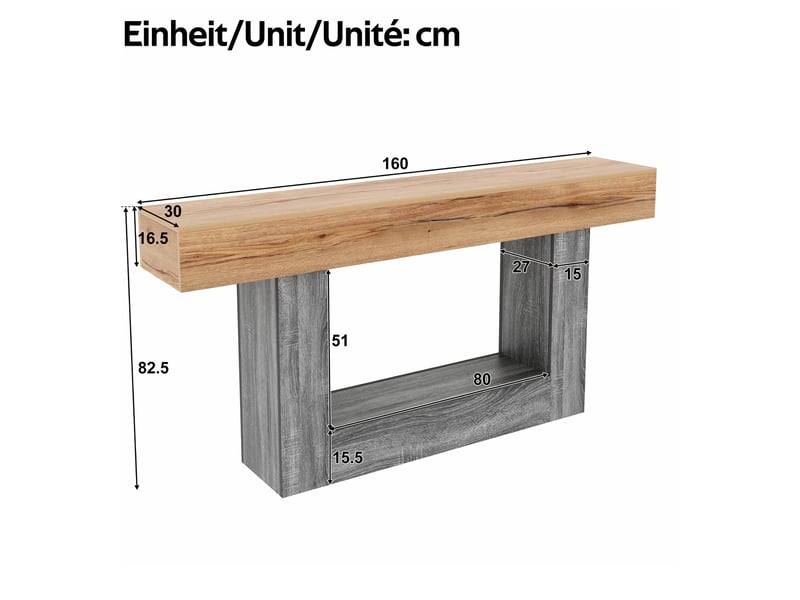  Console bicolore aspect bois, idéale pour une entrée ou un salon. Plateau épais, compartiment de rangement inférieur, en panneaux de particules.  - Conforama C