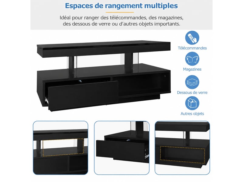  Table basse salon 95x50x42,5 cm avec éclairage led et 2 tiroirs, table de salon élégante avec espace de rangement, noir  - Conforama B