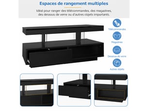 Table basse salon 95x50x42,5 cm avec éclairage led et 2 tiroirs, table de salon élégante avec espace de rangement, noir