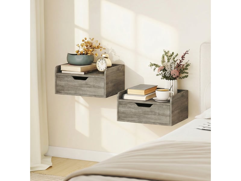  Lot de 2 tables de chevet murales, tables de nuit avec tiroir et plateau à rebords surélevés, 40x30x19,5cm, gris  - Conforama C