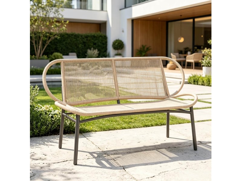 Banc de jardin 2 places avec assise en résine tressée, structure métal noir - Conforama D