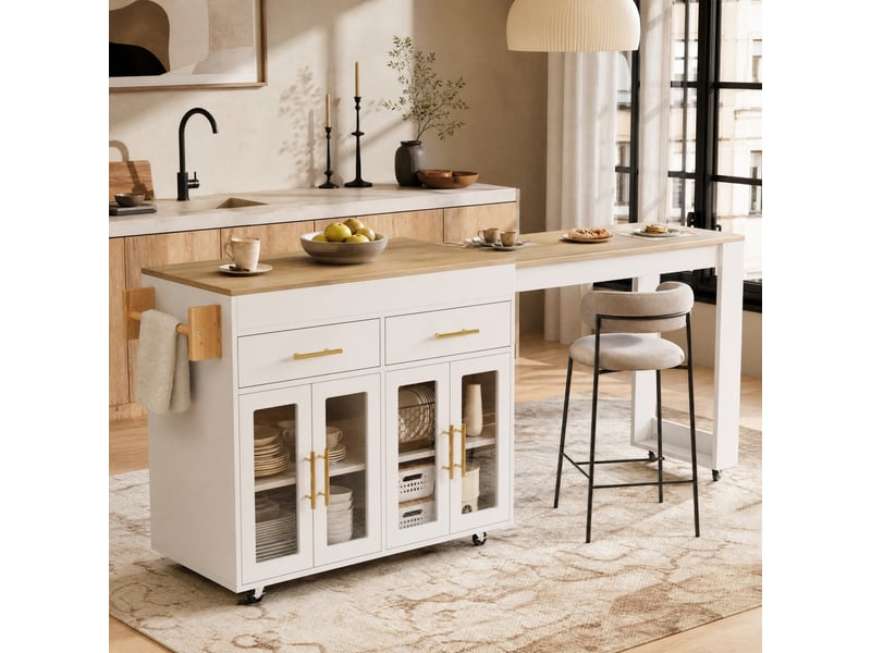 Îlot de cuisine mobile extensible 132,5-217x50x93 cm blanc avec rangement - Conforama B