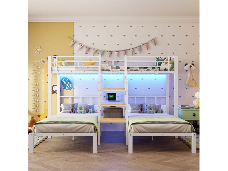  Lit superposé enfant 3 couchages 90 x 200 cm, bureau, led, usb et prise, blanc  - Conforama D