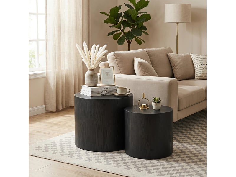 Tables basses gigognes rondes 2 pièces avec pieds antidérapants style moderne en mdf noir pour salon et chambre - Conforama D