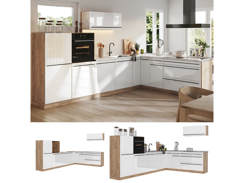 Vicco cuisine en angle, blanc haute brillancechêne doré, 327 x cm plan de travail anthracite - Conforama D