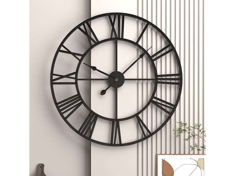 Horloge murale rétro 40 x 40 cm en fer noir avec chiffres romains mouvement quartz silencieux chicfurn - Conforama E