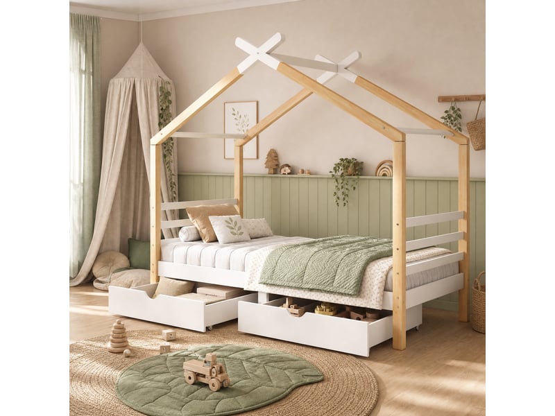 Lit enfant cabane avec tiroirs blanc et bois clair 90 x 200 cm - Conforama D