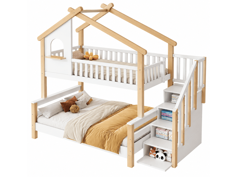 Lit superposé cabane 90 x 190 et 120 x 190 cm avec escalier de rangement, lit enfant en bois blanc naturel avec garde-corps et sommier à lattes - Conforama A