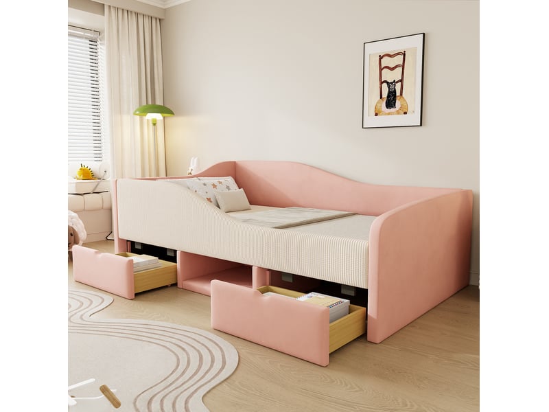  Lit rembourré tcqpz 90 x 190 cm avec deux tiroirs rangement velours rose et blanc  - Conforama B