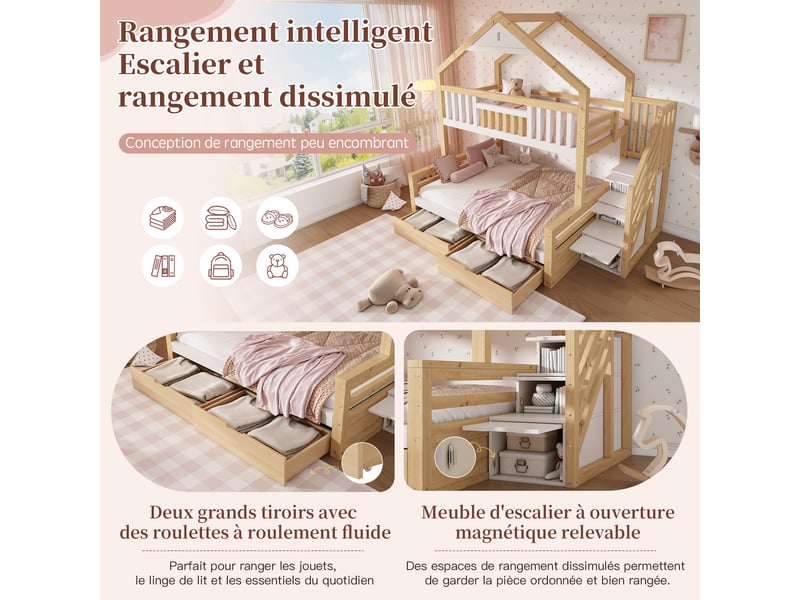 Lit superposé enfant 90x200 et 140x200 cm, lit familial en bois avec escalier de rangement, tiroirs et design maison - blanc et chêne - Conforama E