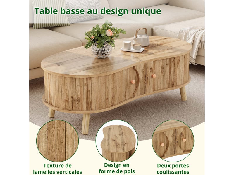  Table basse 108x50x37 cm avec 2 portes coulissantes et rangement, design galet rainuré, pieds en bois massif, mdf, naturel evarich - Conforama E