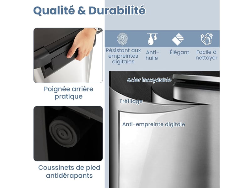 68l poubelle à pédale, poubelle en acier inoxydable avec couvercle à fermeture douce, compartiment désodorisant, poubelle de cuisine anti-odeur - Conforama C