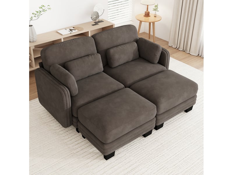  Canapé modulable 2 places tcqpz 176 x 143 x 88 cm avec 2 poufs ottomanes en chenille marron  - Conforama B