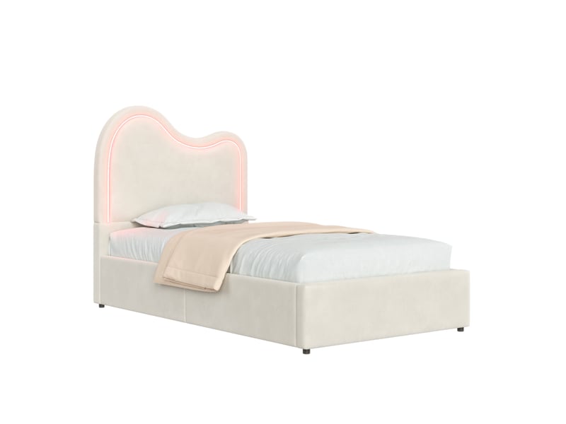  Lit enfant 90 × 200 cm avec coffre hydraulique, éclairage led réglable, tête de lit en velours, sans matelas beige  - Conforama A