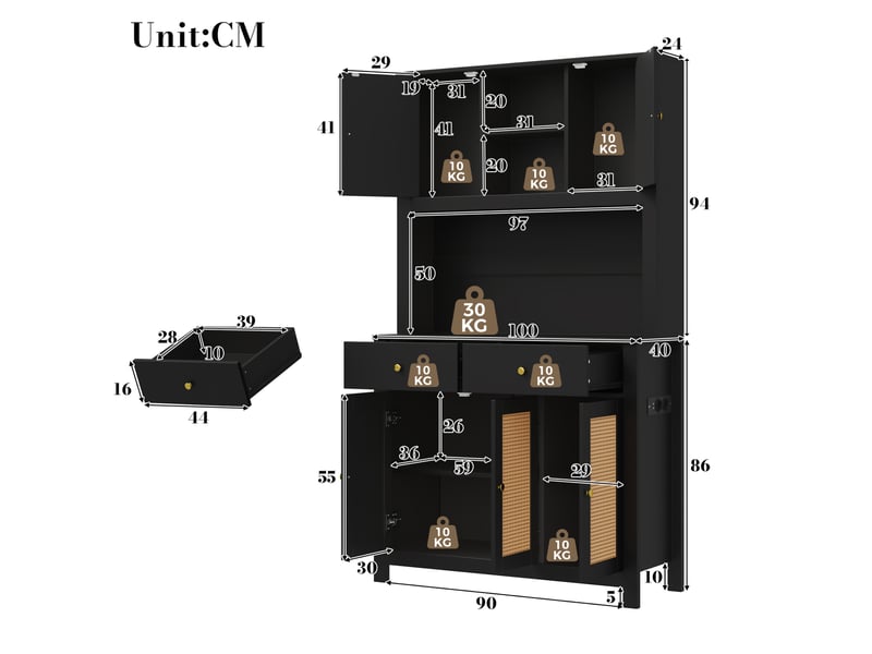  Buffet haut de cuisine 100 x 40 x 180 cm – noir – éclairage led rgb, 5 portes en rotin, 2 tiroirs et prises  - Conforama C