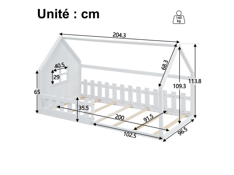 Lit cabane 90 x 200 cm - lit simple bas avec barrières - pin + mdf - sans matelas - blanc - Conforama C