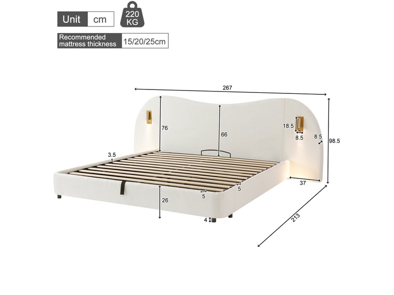 Lit coffre 2 places 180x200 cm avec usb et lampes de lecture bouclette blanc - Conforama C