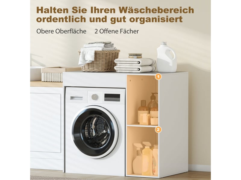  Meuble sous-vasque au-dessus du lave-linge ou des toilettes, avec compartiments de rangement ouverts, blanc.  - Conforama D