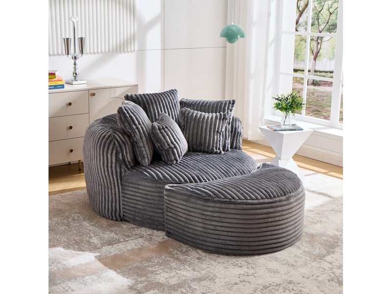  Fauteuil lounge rond modenvie en tissu chenille côtelé gris foncé avec repose-pieds, 168 x 123 x 63 cm  - Conforama B