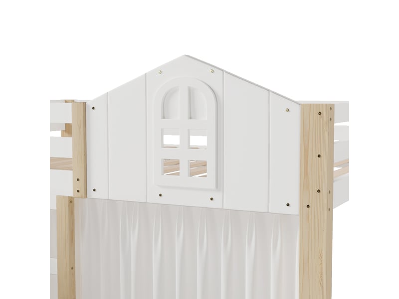  Lit mezzanine enfant 140 x 200 cm avec led, escalier de rangement et rideau en gaze, pin, mdf et contreplaqué, blanc et naturel Fay Lum - Conforama E