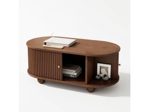 Table basse ovale en noyer avec portes coulissantes 360° et rangement, 100x50x40 cm, mdf, noyer
