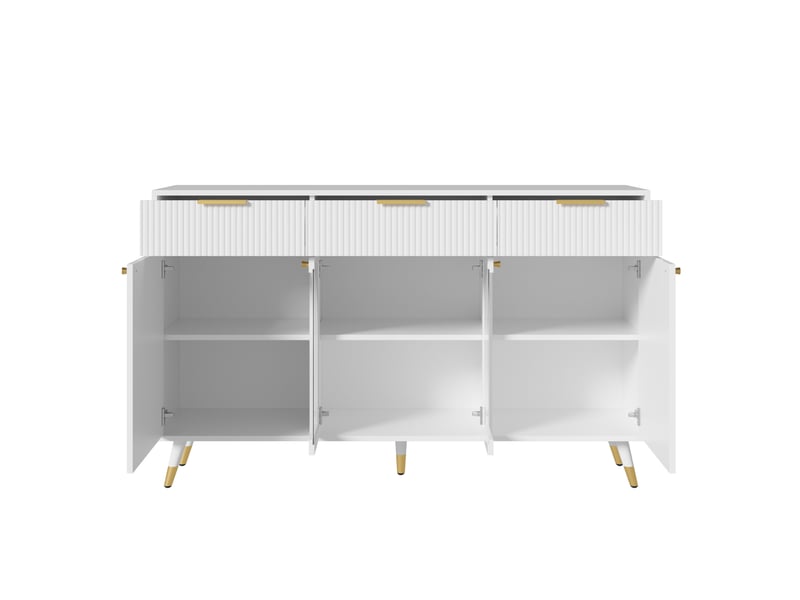 Buffet et enfilade avec 4 portes en acrylique et 3 tiroirs, rangement pour salon et salle à manger, en mdf, blanc, 140 × 40 × 85,5 cm - Conforama E