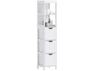 Meuble de salle de bain, 2 étagères, 3 tiroirs, matériau hydrofuge, blanc
