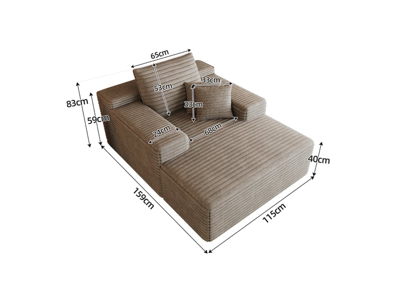  Méridienne 1 place à assise profonde sans montage en velours côtelé et mousse camel, 115 × 159 × 83 cm  - Conforama C