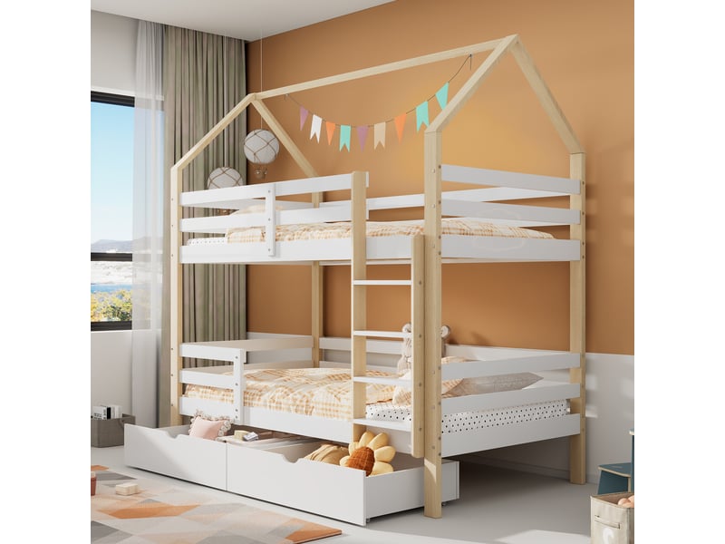  Lit enfant superposé 90x200 cm avec sommier à lattes, blanc + couleur bûche, lit superposé pour enfants avec tiroirs extra larges  - Conforama C