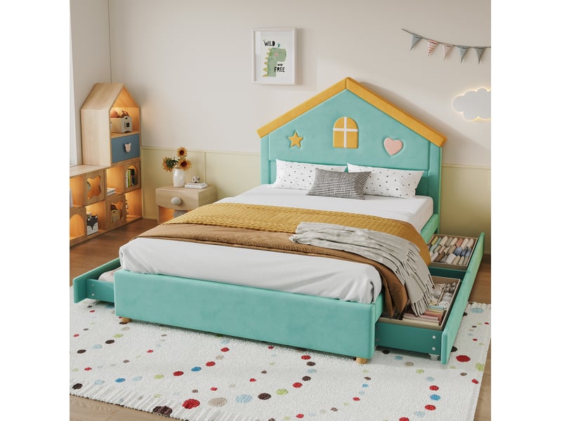  Lit enfant 140x200 cm équipé de tête de lit maison rembourrée, 4 tiroirs de rangement, velours bleu-vert, matelas non fourni  - Conforama E