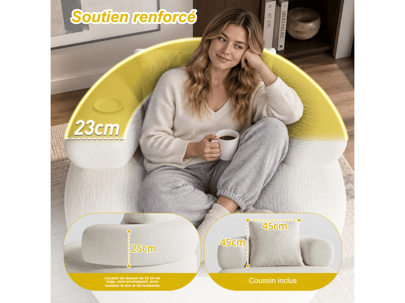 Fauteuil rond fixe 100 cm en chenille beige, mousse haute densité, avec coussin, charge 150 kg, salon chambre bureau 100X100X65cm - Conforama D